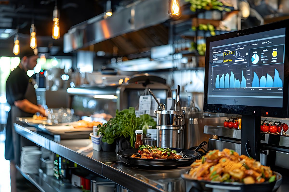 A modern restaurant kitchen with a chef preparing food in the background and a digital touchscreen displaying data and graphs in the foreground.