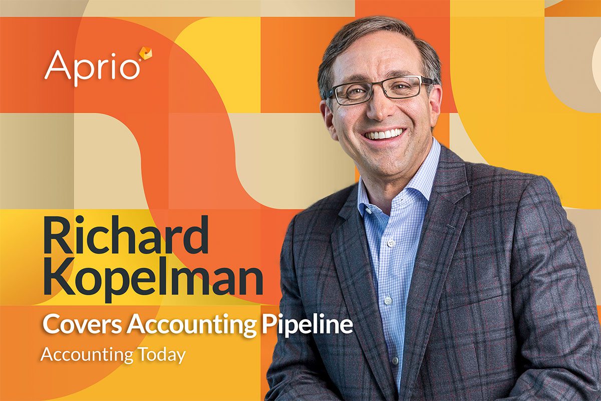 A man in a checked suit smiles at the camera against an orange geometric background. Text reads: Richard Kopelman Covers Accounting Pipeline, Accounting Today, Aprio.