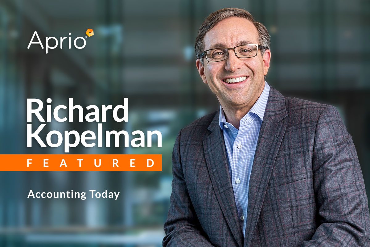 A man in a suit jacket smiles beside text that reads Aprio Richard Kopelman Featured Accounting Today on a blurred office background.