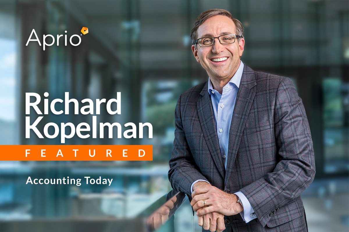 A man in a checked suit stands smiling next to text that reads Richard Kopelman Featured Accounting Today with the Aprio logo above.