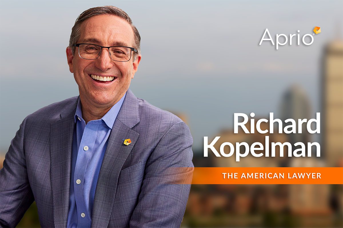 A man in a suit smiles in front of a cityscape backdrop, with text reading Richard Kopelman, The American Lawyer, and the Aprio logo in the top right corner.