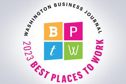 Washington Business Journal 2023 Best Places to Work logo with colorful squares labeled B, P, t, and W in the center.