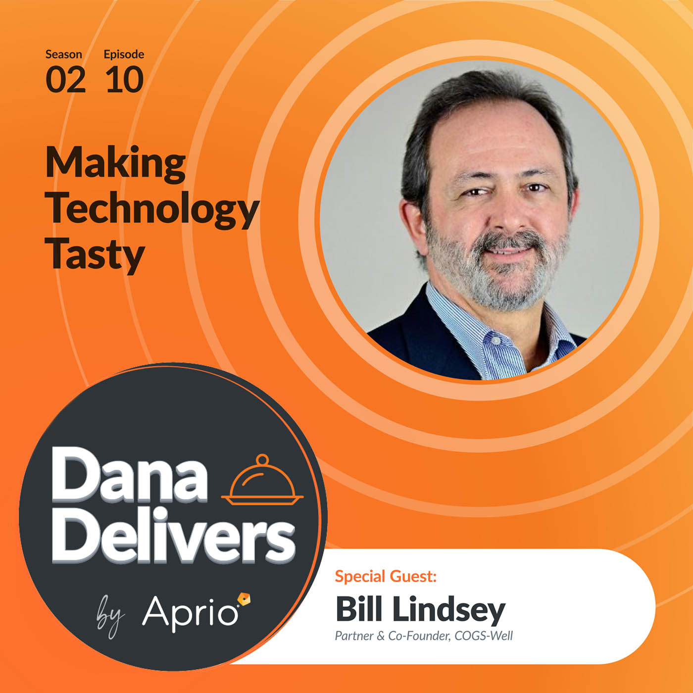 Promotional graphic for Dana Delivers by Aprio, featuring special guest Bill Lindsey, Partner & Co-Founder of COGS-Well, for episode 10 titled Making Technology Tasty.