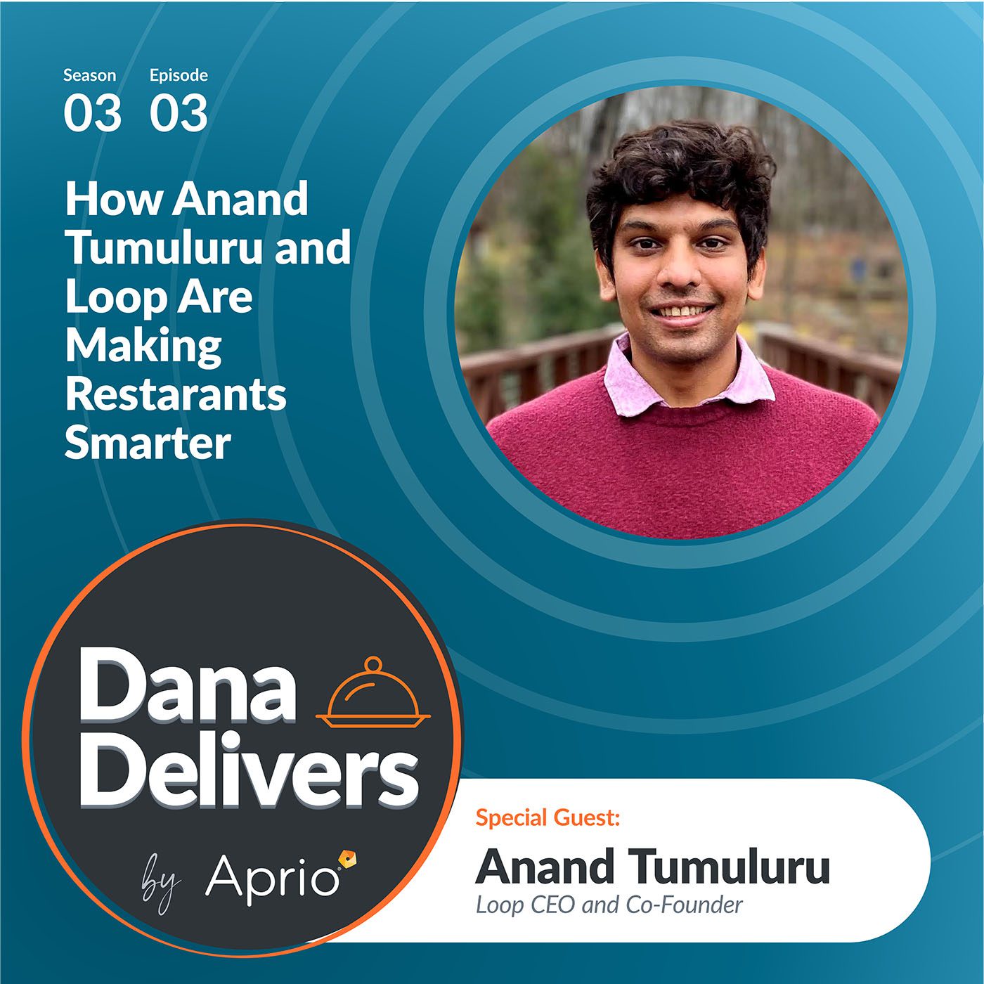 Promotional graphic for the podcast “Dana Delivers” featuring guest Anand Tumuluru, Loop CEO and Co-Founder, discussing smarter restaurant solutions.