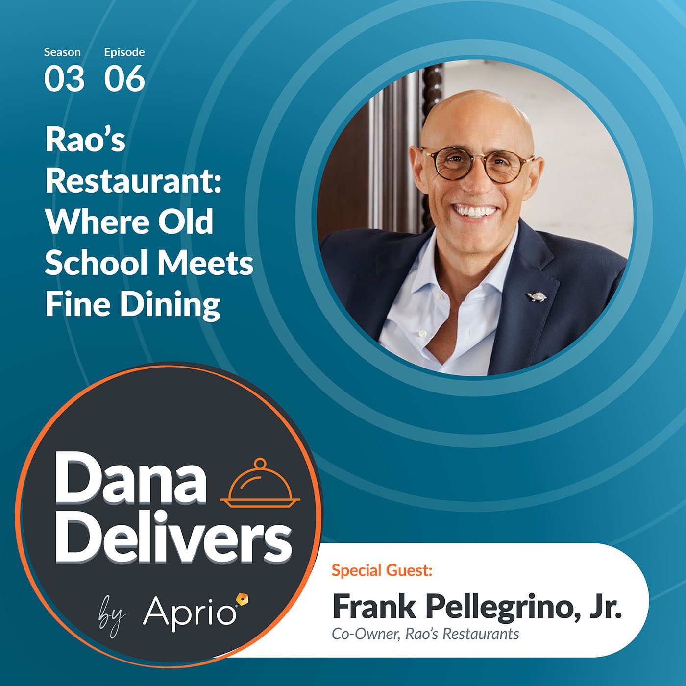 Podcast promotional graphic featuring a photo of Frank Pellegrino, Jr., labeled as special guest, discussing Rao’s Restaurant on Dana Delivers by Aprio.