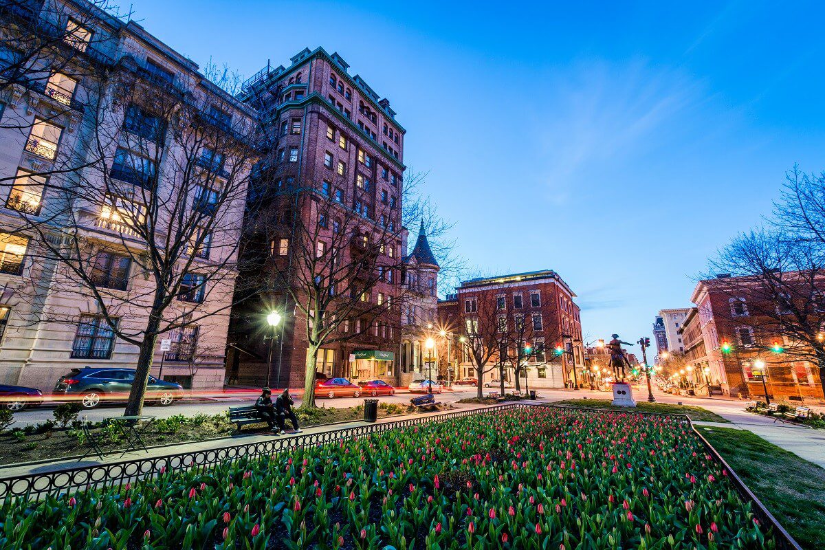 A city street at dusk with historic brick buildings, streetlights, cars, and a fenced flower bed with tulips in the foreground.