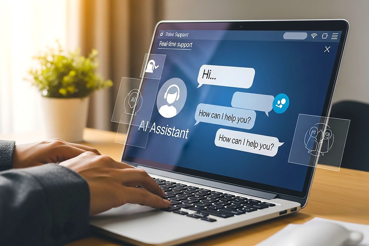 A person types on a laptop displaying a chat interface with an AI assistant offering real-time support through text messages.