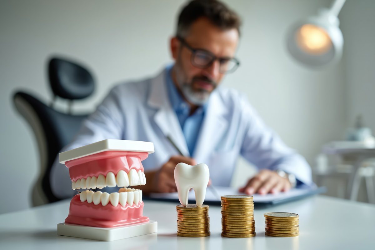 A dentist sits at a desk in the background; in the foreground are a dental model, a tooth model, and stacks of coins.