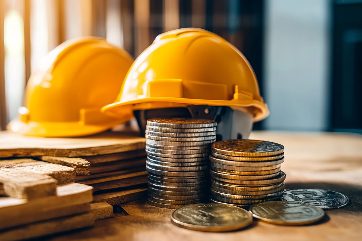 Two yellow construction helmets next to stacked coins and wooden planks on a table, representing construction costs or investment in building projects.