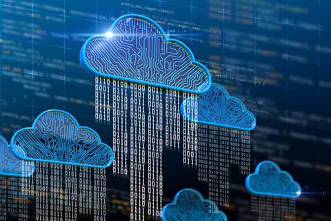 Digital clouds with circuit patterns and binary code streams represent cloud computing and data transfer, set against a background of computer code.