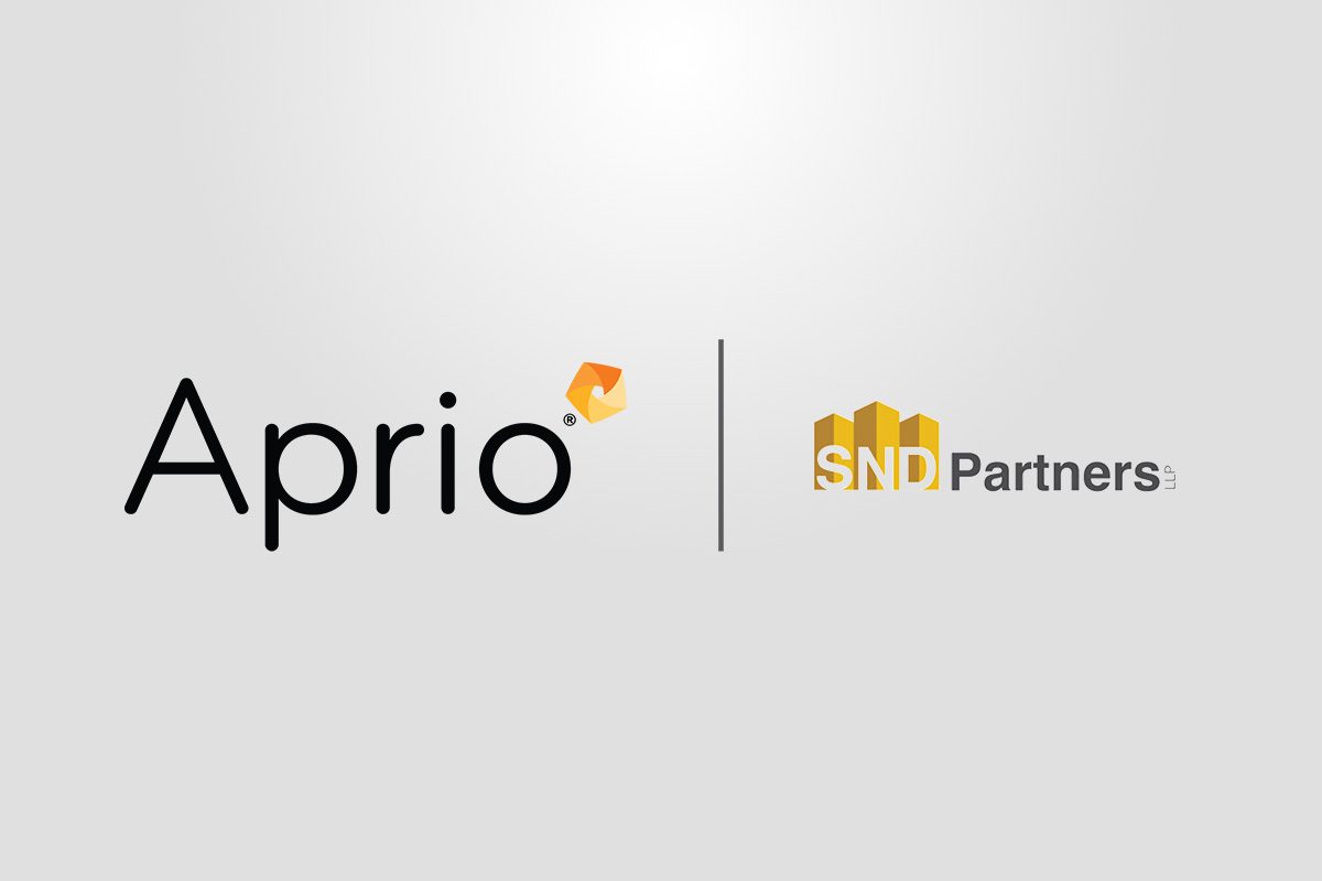 Aprio and SND Partners logos are displayed side by side on a light gray background, separated by a vertical line.