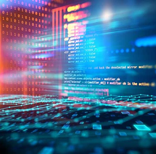 A digital illustration showing lines of computer code and binary numbers over a glowing, grid-like surface, representing data processing or software development.