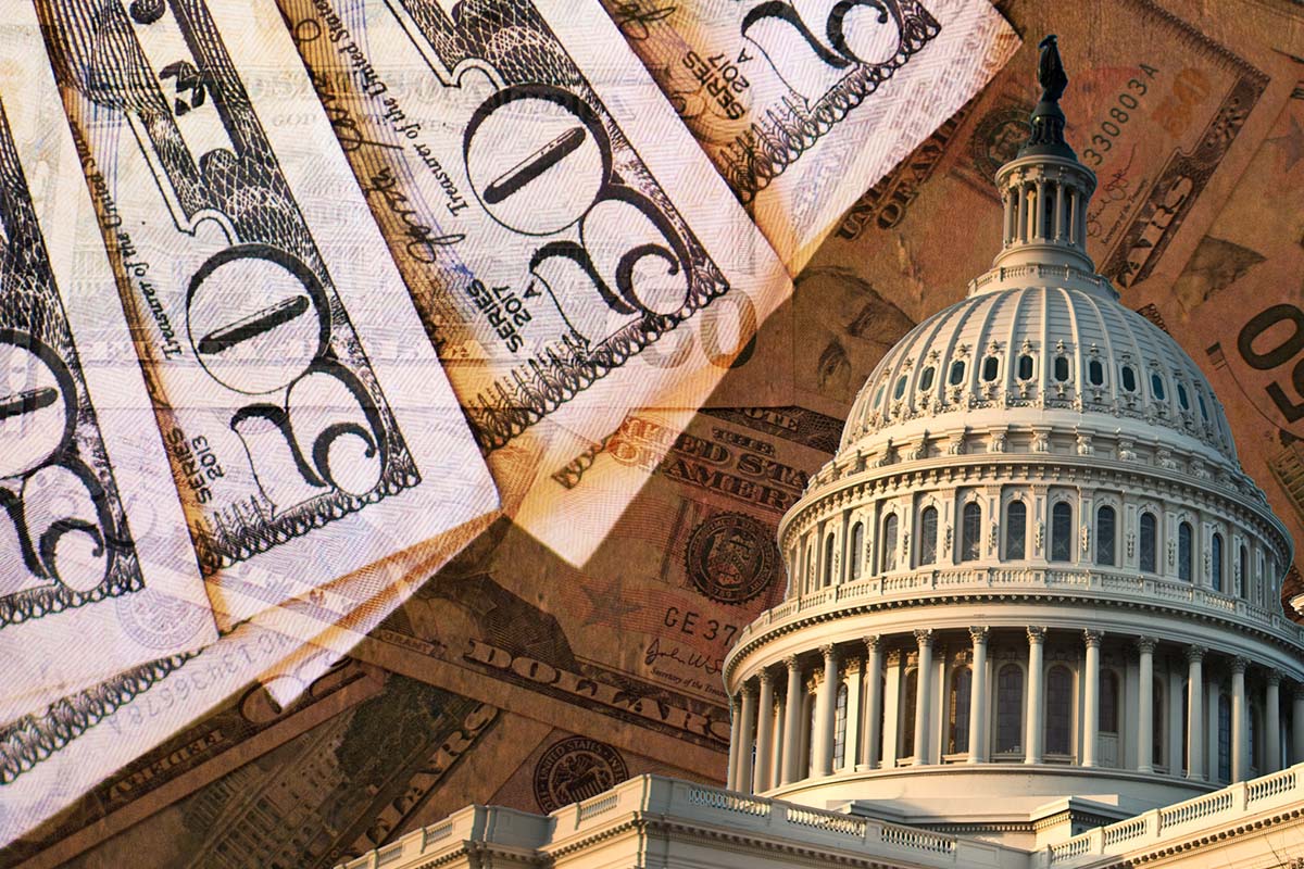 U.S. Capitol building overlaid with images of fifty and one hundred dollar bills, symbolizing government funding or financial policy.