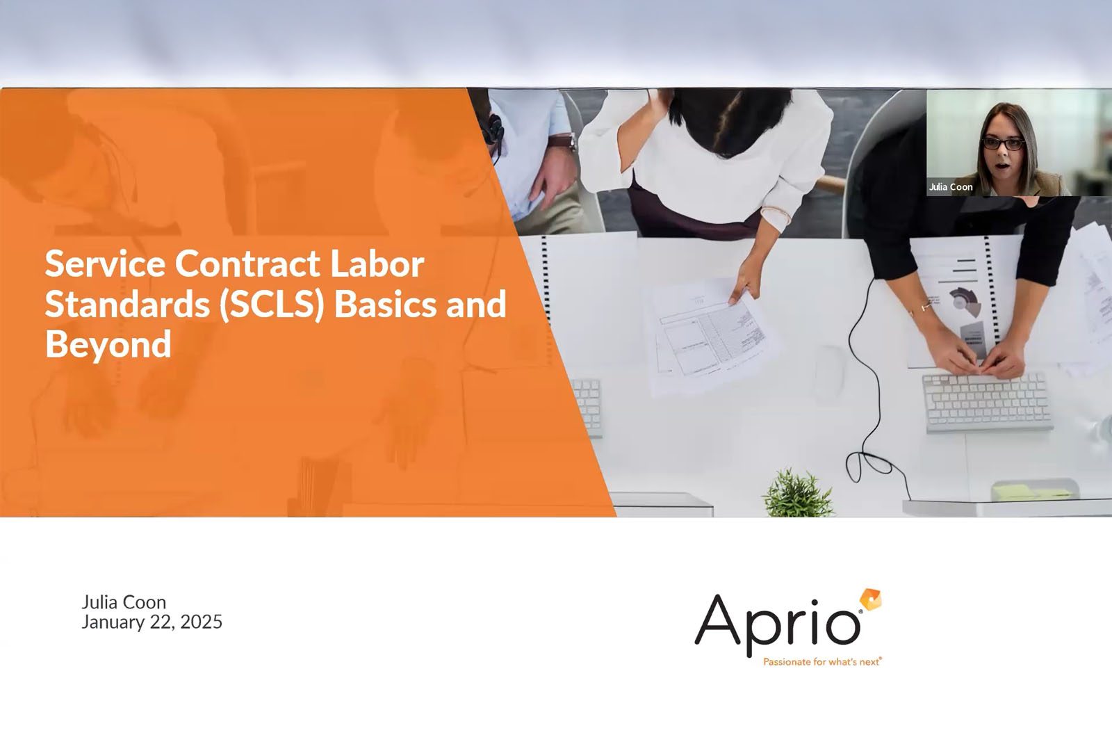 Presentation slide titled Service Contract Labor Standards (SCLS) Basics and Beyond with an overhead view of people at a desk and a speaker in a small video call window.