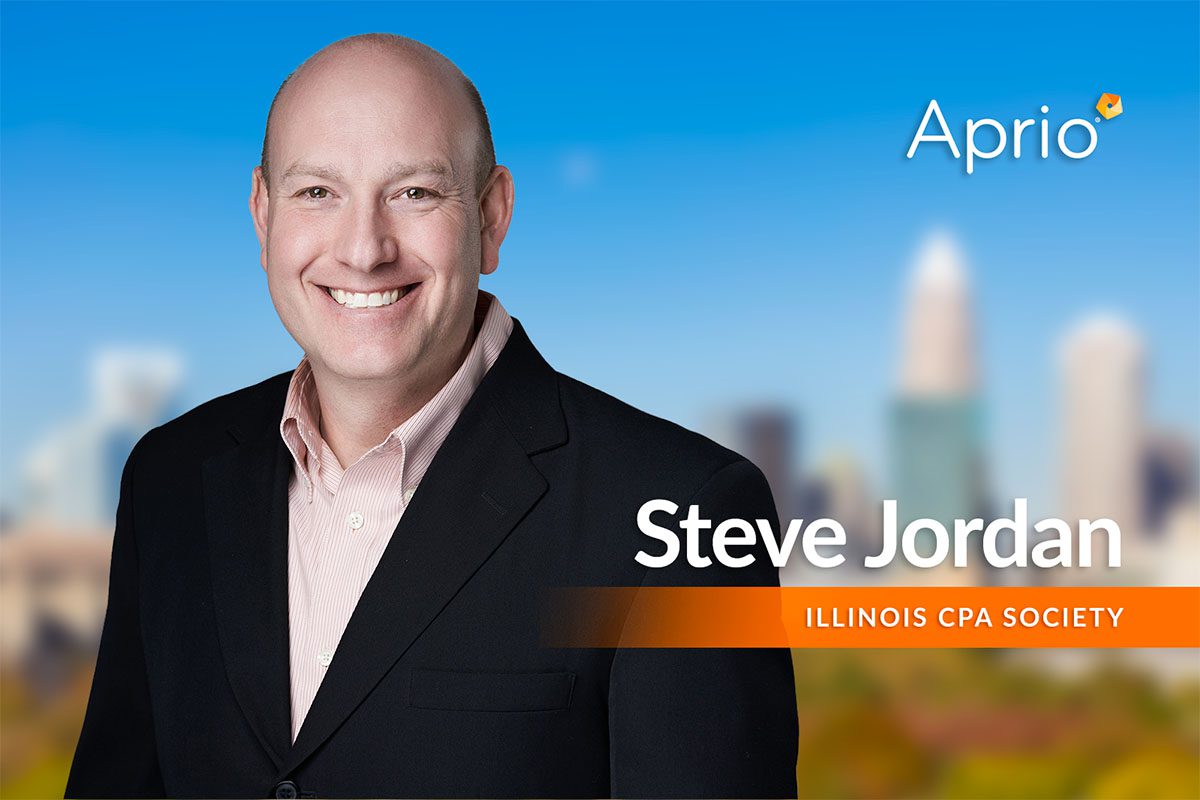 Smiling man in a suit jacket stands in front of a blurred cityscape background. Text reads Steve Jordan, Illinois CPA Society with the Aprio logo in the top right.