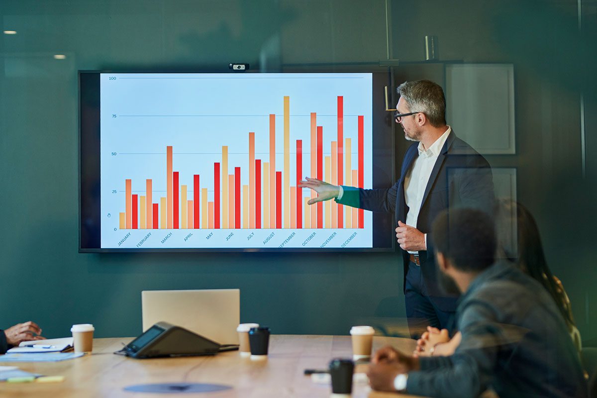 A man in a suit presents a colorful bar graph on a screen to three seated colleagues in a conference room.