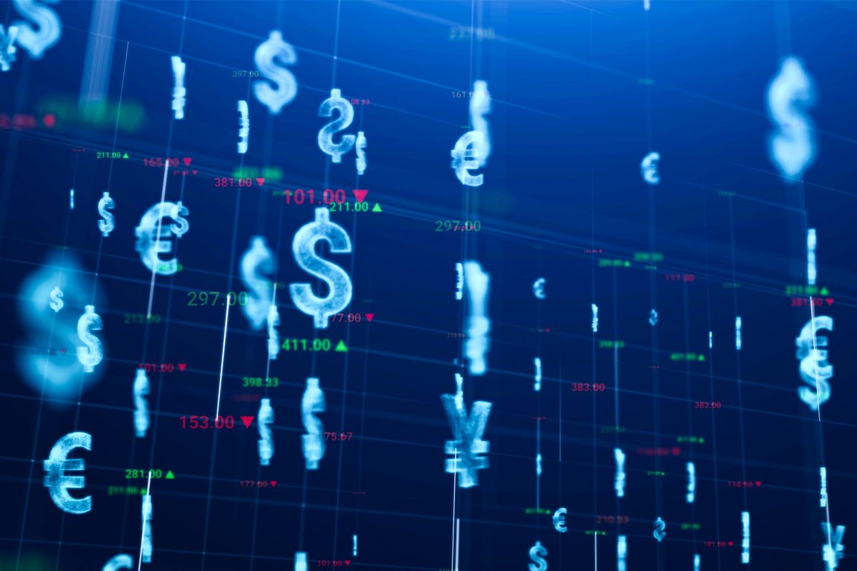 Blue digital background with floating currency symbols, including dollar, euro, and yen, overlaid with financial data and stock prices in red and green.