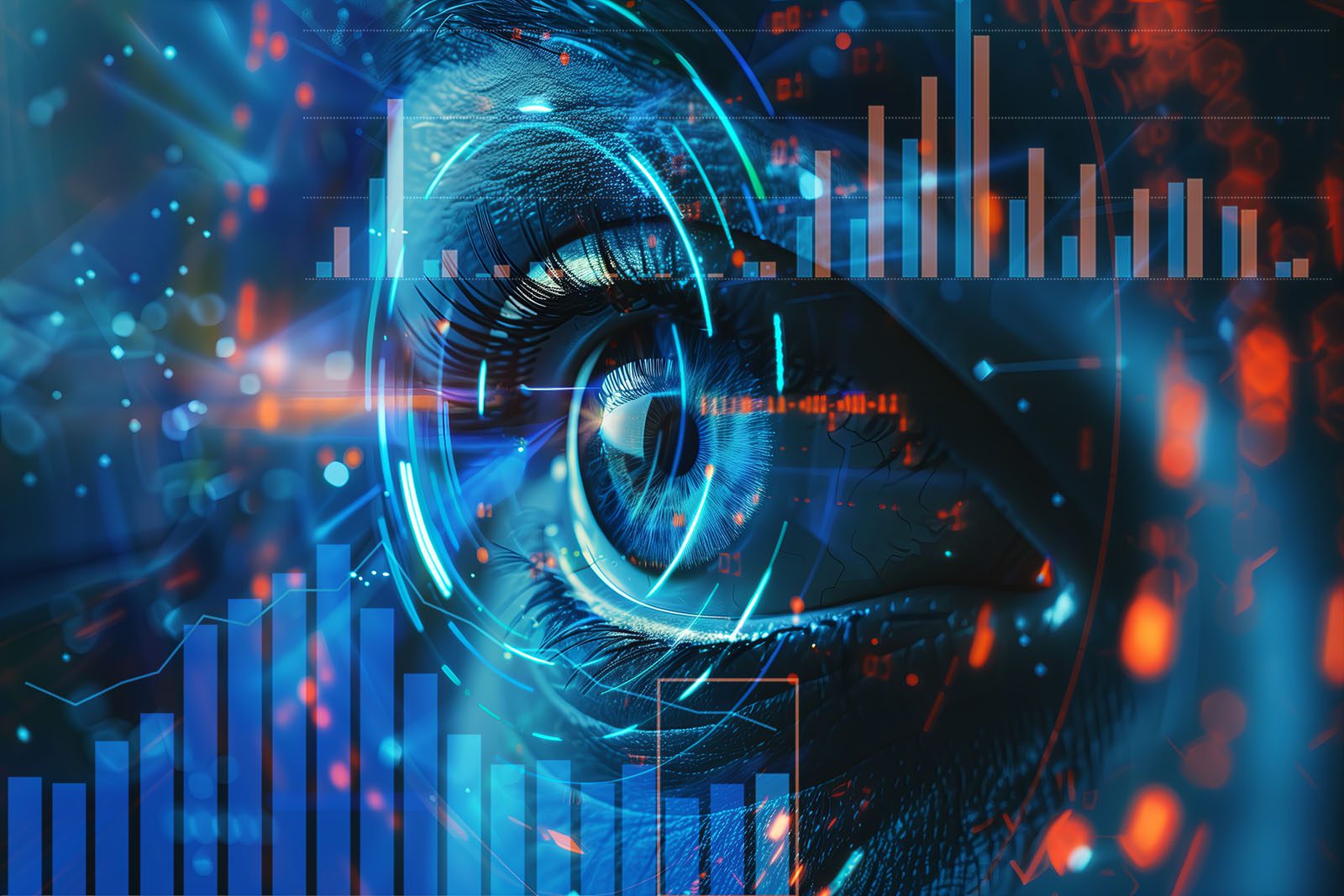 A close-up of a human eye overlaid with digital graphics, data charts, and glowing blue and orange visual elements suggestive of technology and analytics.