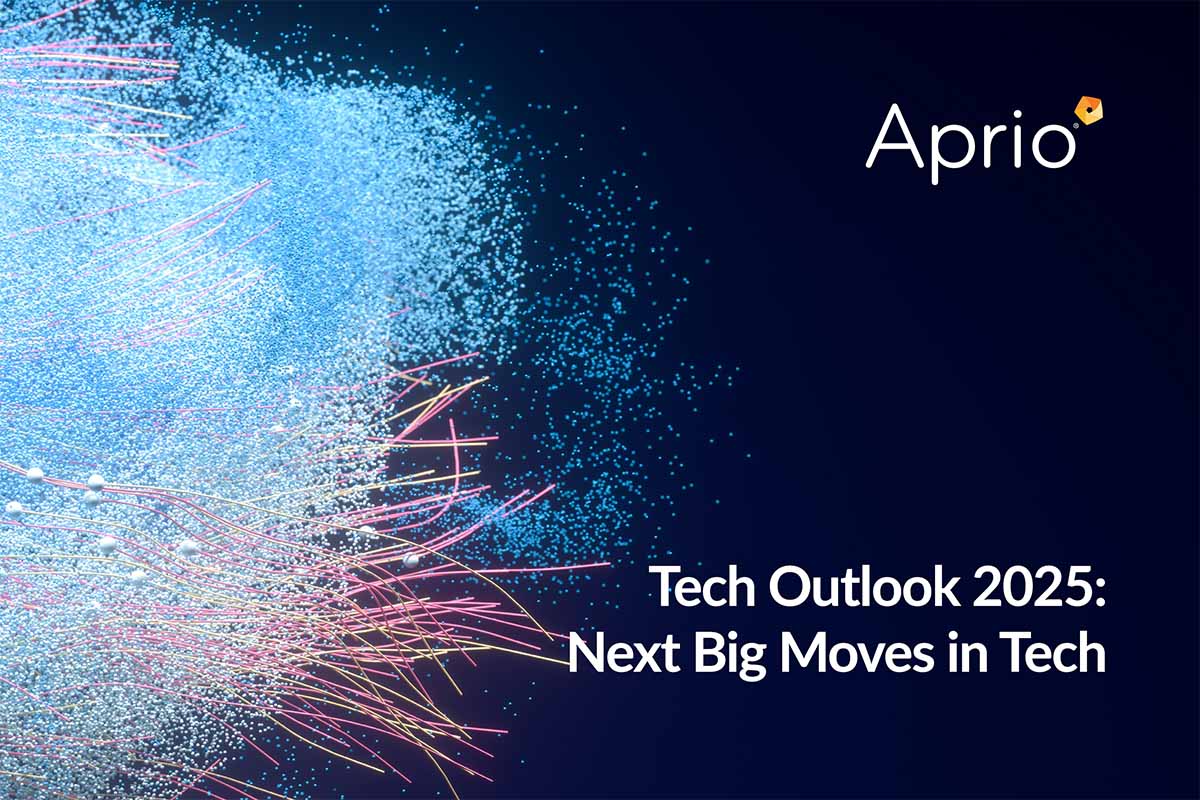 Abstract digital particles on a dark background with the text Aprio. Tech Outlook 2025: Next Big Moves in Tech displayed in the lower right corner.
