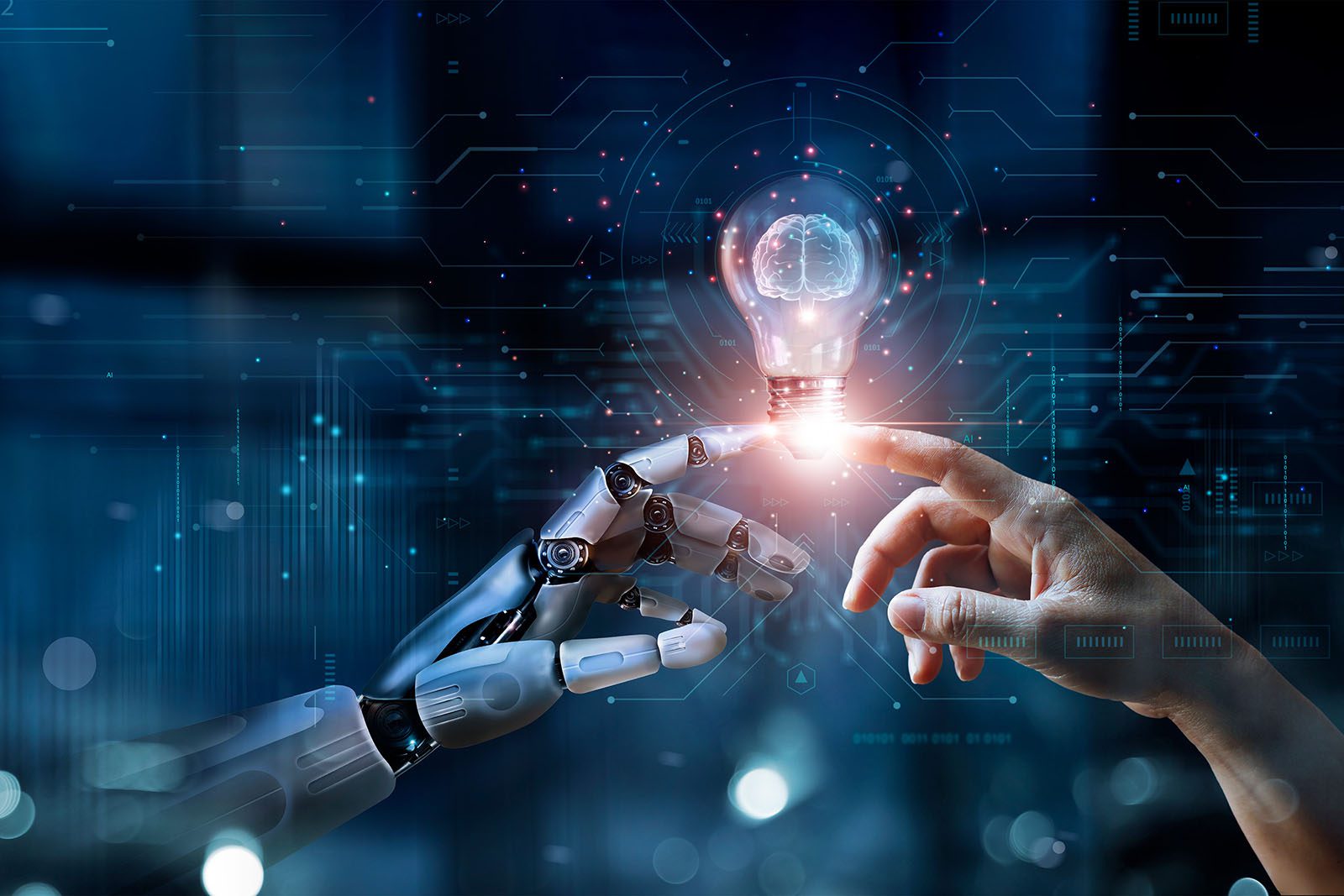 A human hand and a robotic hand touch fingertips, with a glowing light bulb between them, symbolizing innovation and technology.