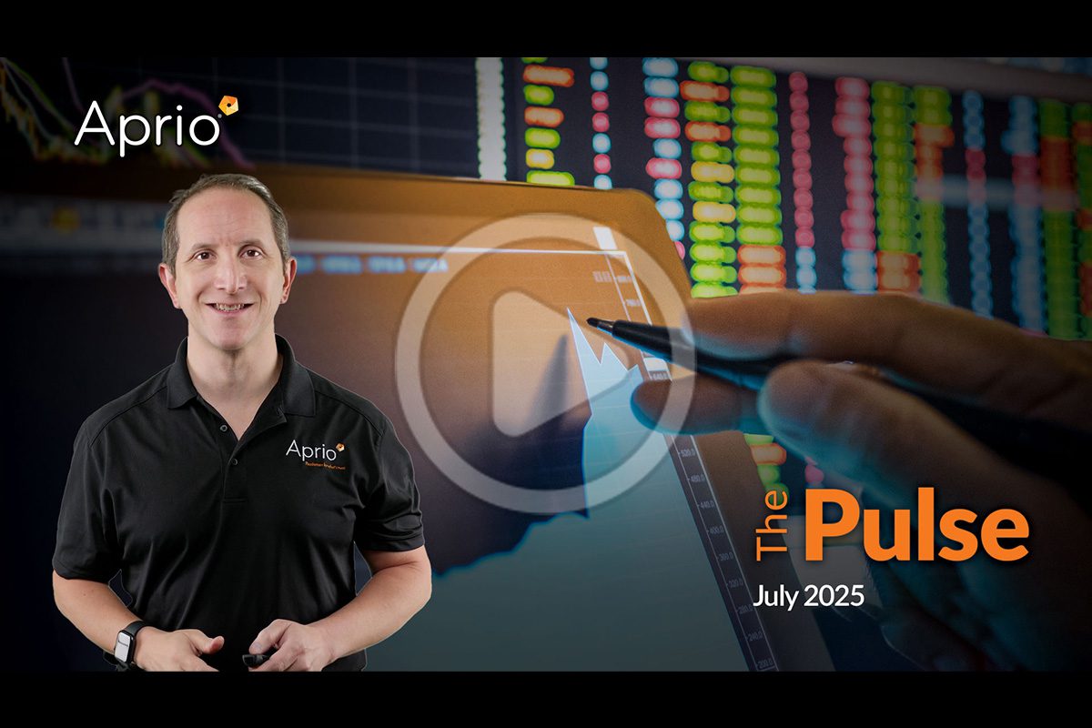 A man in an Aprio shirt stands in front of a financial chart with The Pulse July 2025 and a play button overlay, suggesting a financial video presentation.