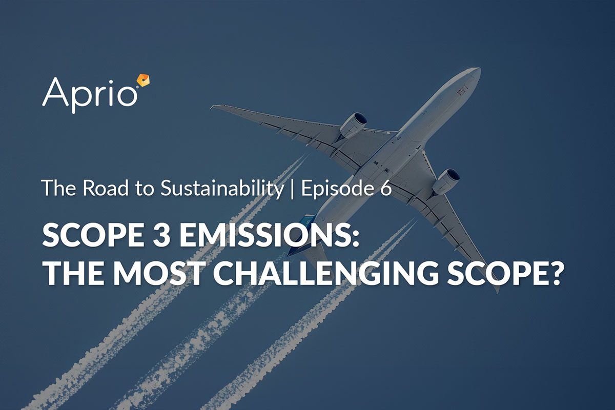 A commercial airplane in flight with contrails, overlaid with text about Scope 3 emissions and sustainability from Aprio’s series The Road to Sustainability, Episode 6.
