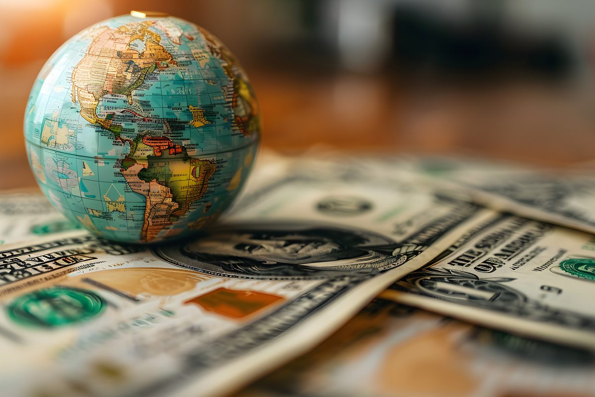 A small globe sits on top of scattered US dollar bills, symbolizing global finance and international economics.