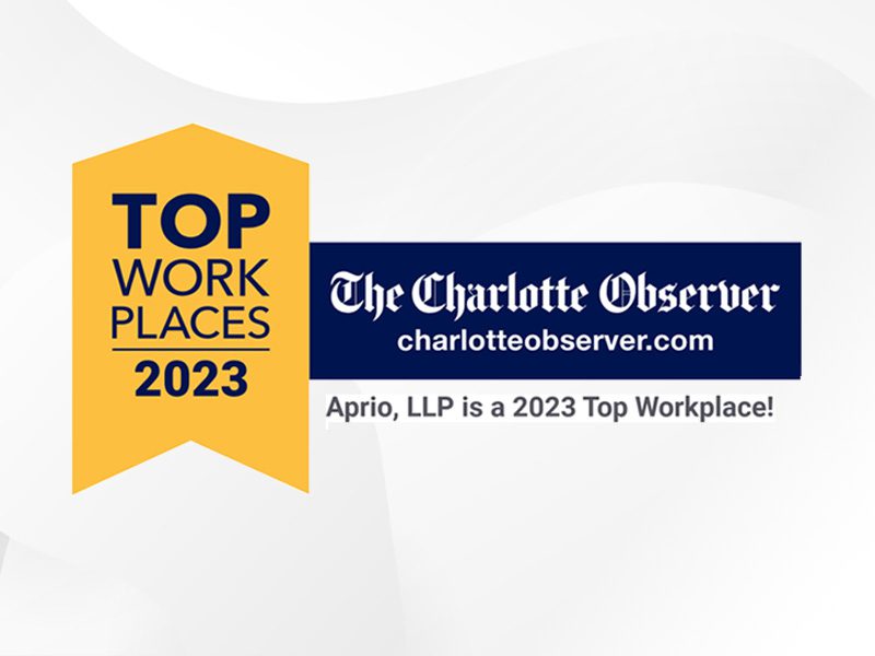 A yellow banner reads Top Workplaces 2023. Next to it, The Charlotte Observer logo states Aprio, LLP is a 2023 Top Workplace.