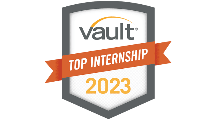 A badge displaying the Vault logo, a red banner reading Top Internship, and 2023 beneath it, indicating a top internship ranking for 2023.