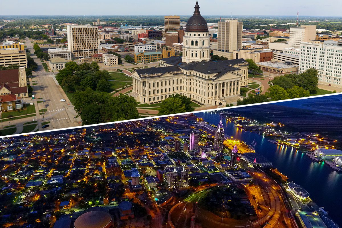 Aerial view of a capitol building in a city during daytime on top, and a city with waterfront and lights at night on the bottom.