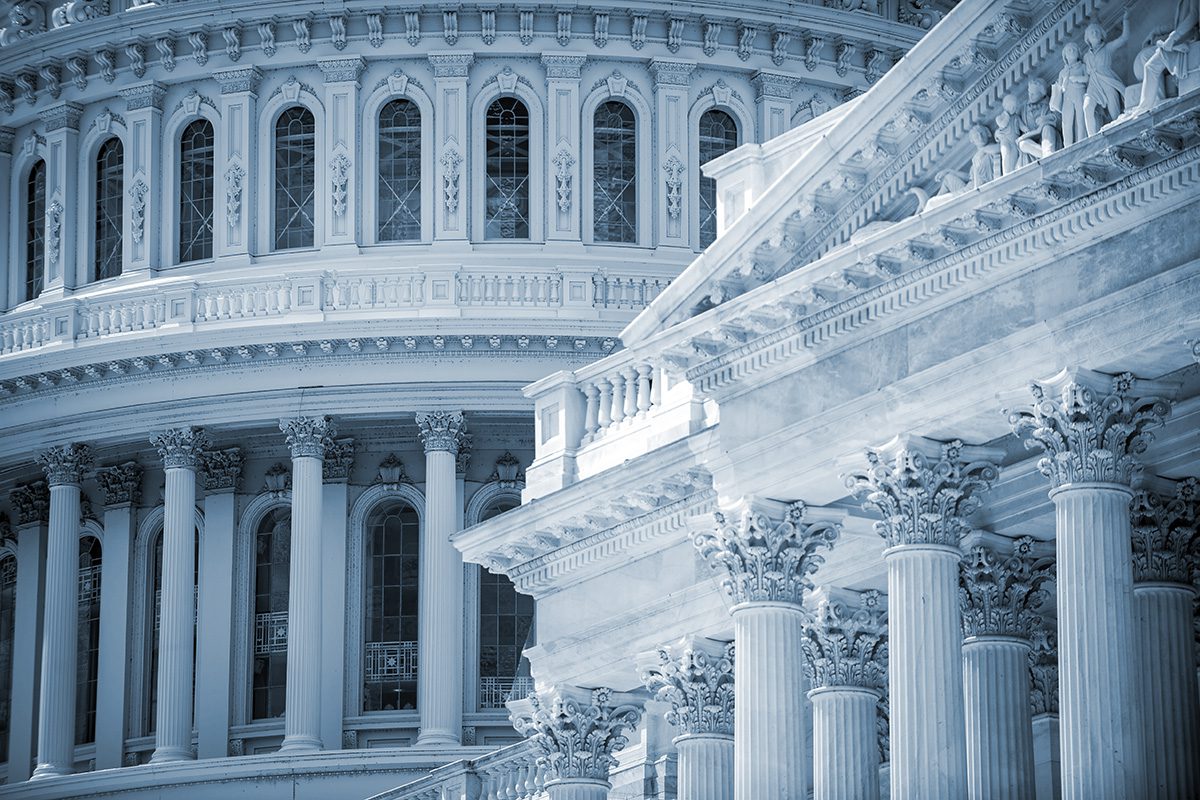 Close-up view of ornate marble columns and detailed facade of a neoclassical government building, likely the U.S. Capitol.