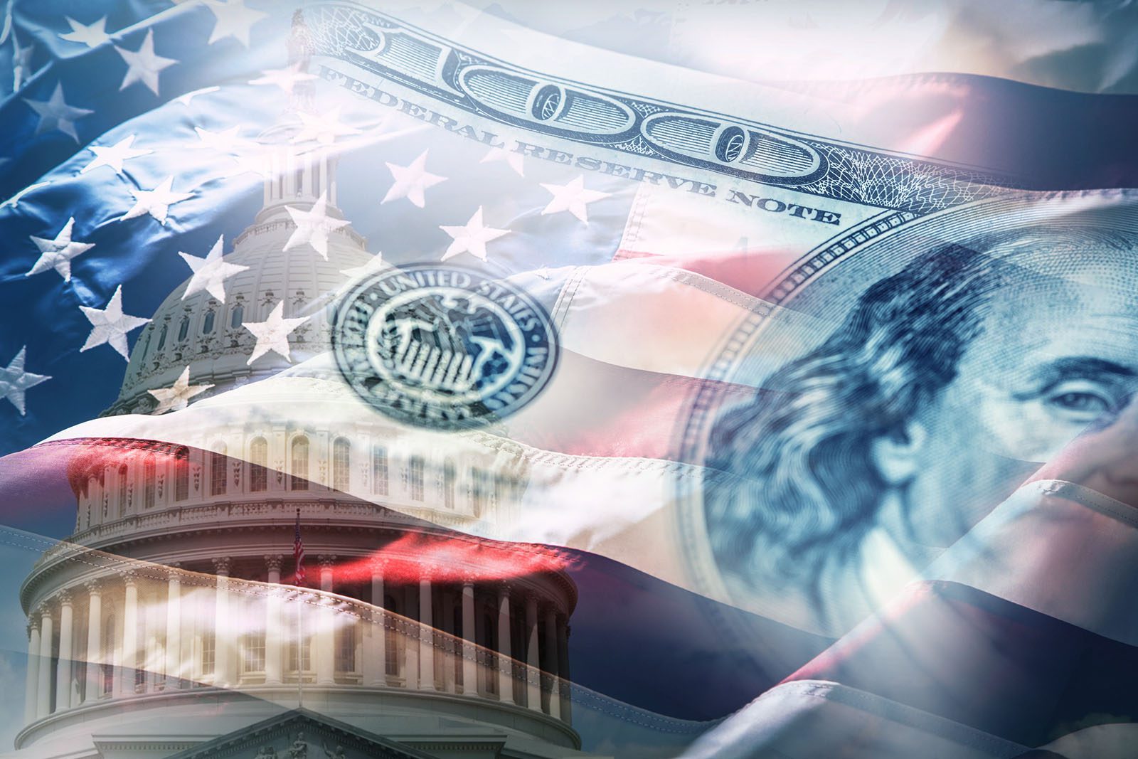 A U.S. flag, a close-up of a hundred-dollar bill, and the dome of the U.S. Capitol building are layered together in a composite image.