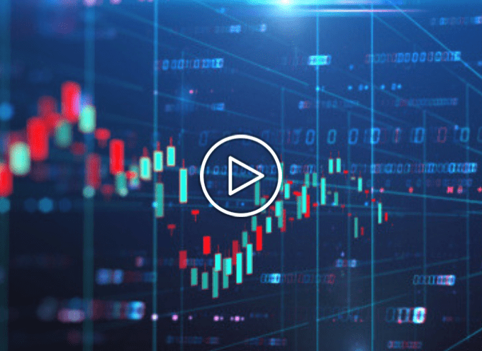 Candlestick chart displaying fluctuating financial data with digital binary code in the background; a play button icon is overlaid at the center.
