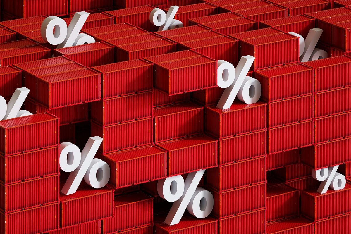Stacks of red shipping containers with large white percent symbols placed between them.