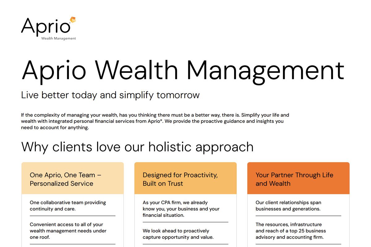 Screenshot of Aprio Wealth Management webpage, displaying their slogan, reasons clients appreciate their services, and three columns outlining personalized service, trust, and lifelong partnership.