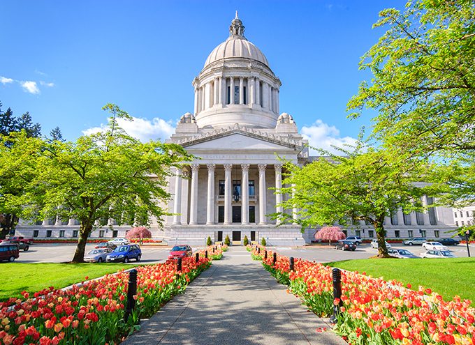 White domed capitol building with columns, surrounded by blooming tulips, green trees, and parked cars under a clear blue sky.