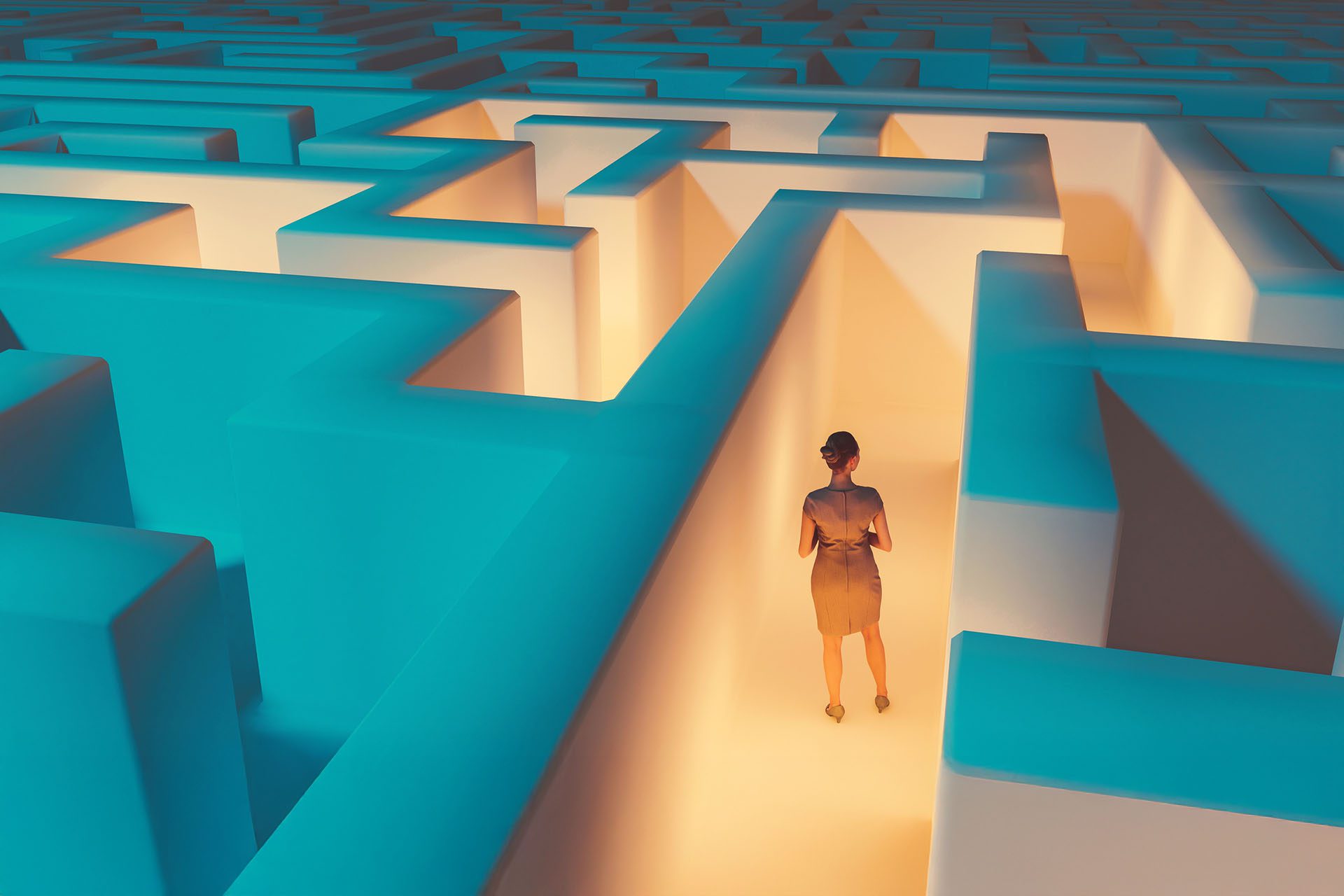 A woman in a dress stands in the middle of a brightly lit maze with tall blue walls, looking ahead at multiple paths.