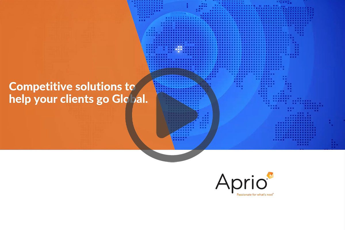 Aprio presentation slide with a world map, the text Competitive solutions to help your clients go Global, and a large play button in the center.