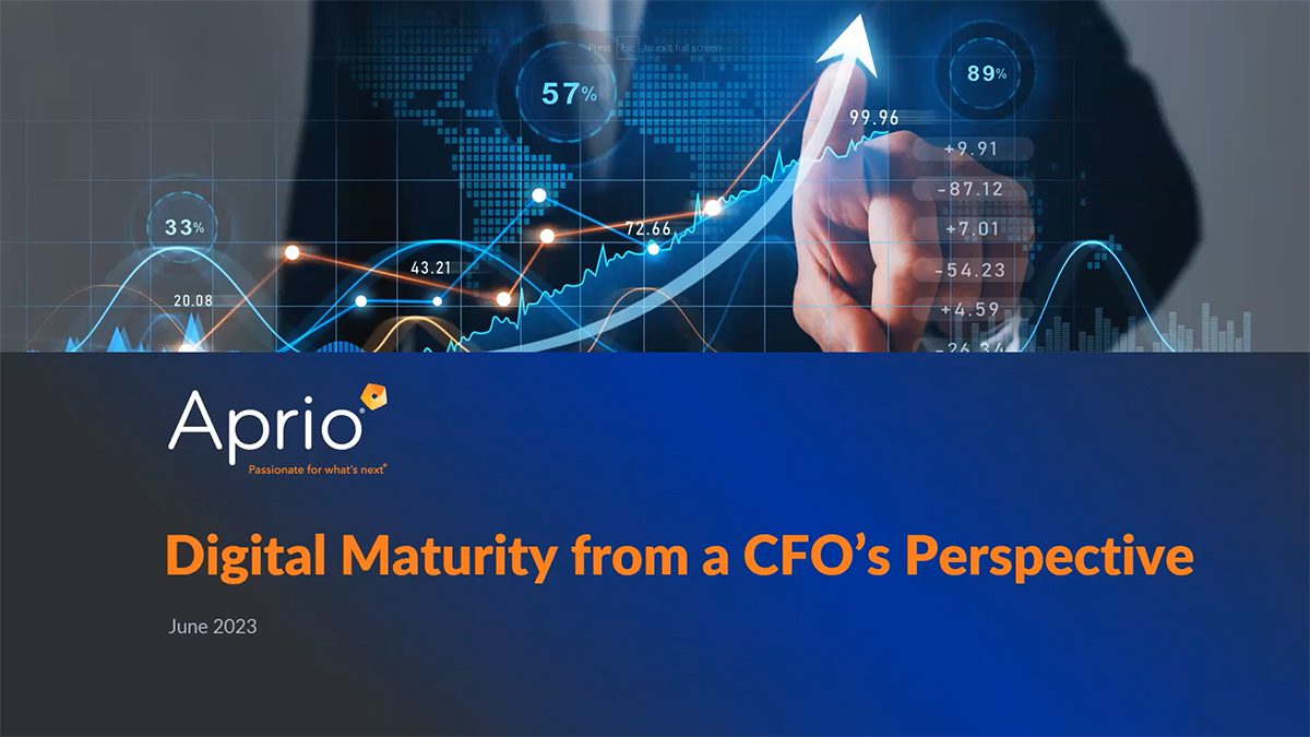 A person points at a digital graph with rising data points; text reads “Digital Maturity from a CFO’s Perspective, June 2023, Aprio.”.