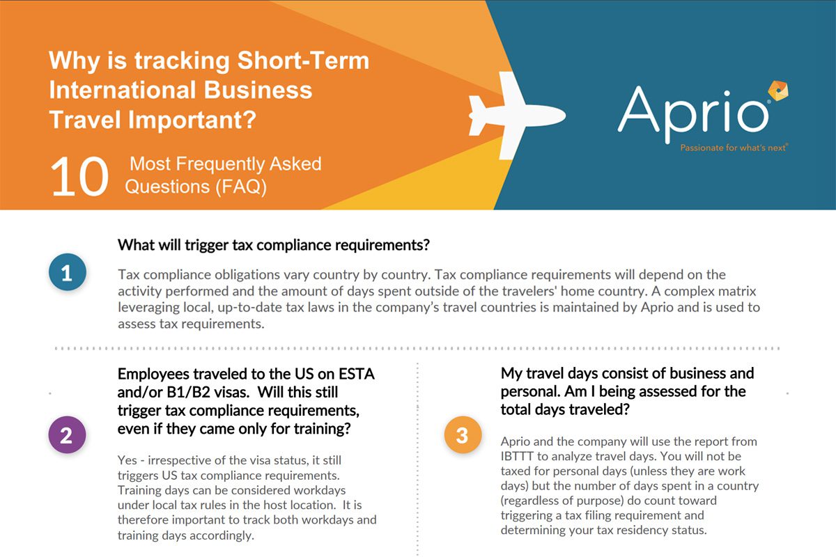 Infographic explains FAQs about tracking short-term international business travel, focusing on tax compliance and assessment of business and personal days for travelers.