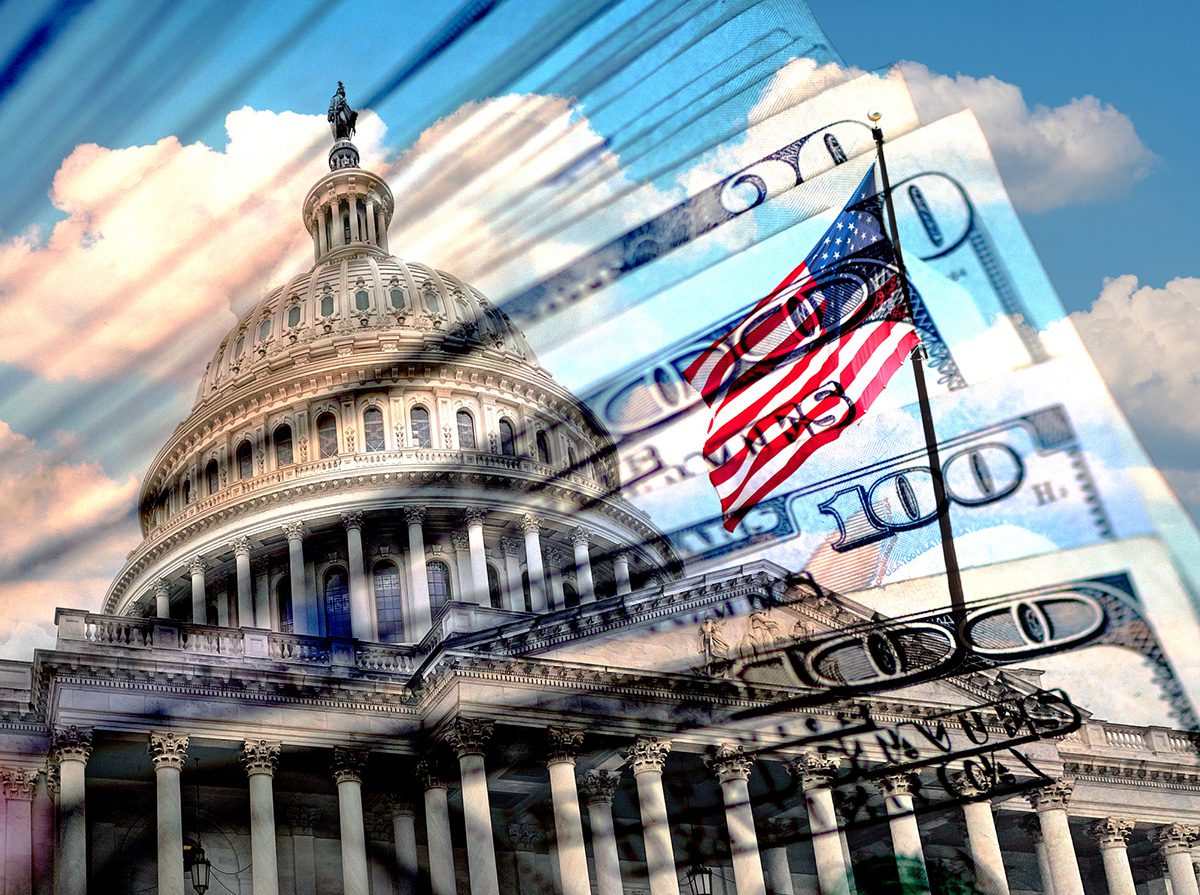 The U.S. Capitol building with an American flag is overlaid with images of hundred-dollar bills and clouds in the background.