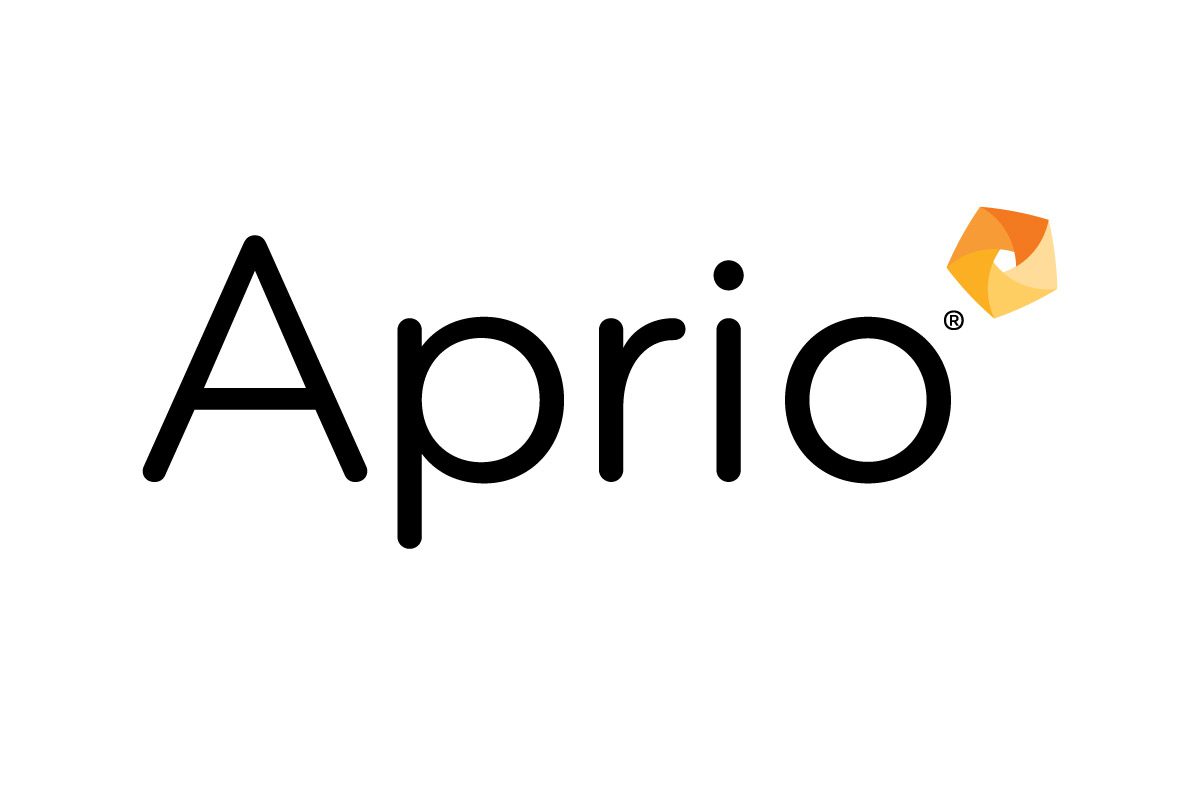 The word Aprio in black letters with an orange geometric swirl replacing the dot above the i, on a white background.
