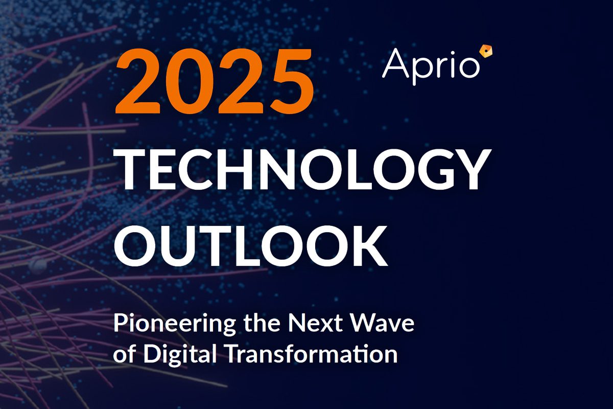 Dark image with the text: 2025 Technology Outlook. Pioneering the Next Wave of Digital Transformation. Aprio logo in the top right corner, colorful digital lines on the left.