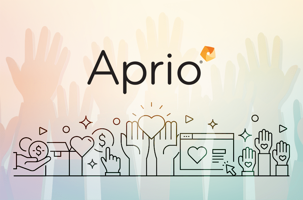 Aprio logo above illustrated hands holding hearts, dollar signs, and digital icons, symbolizing support, charity, and online engagement.