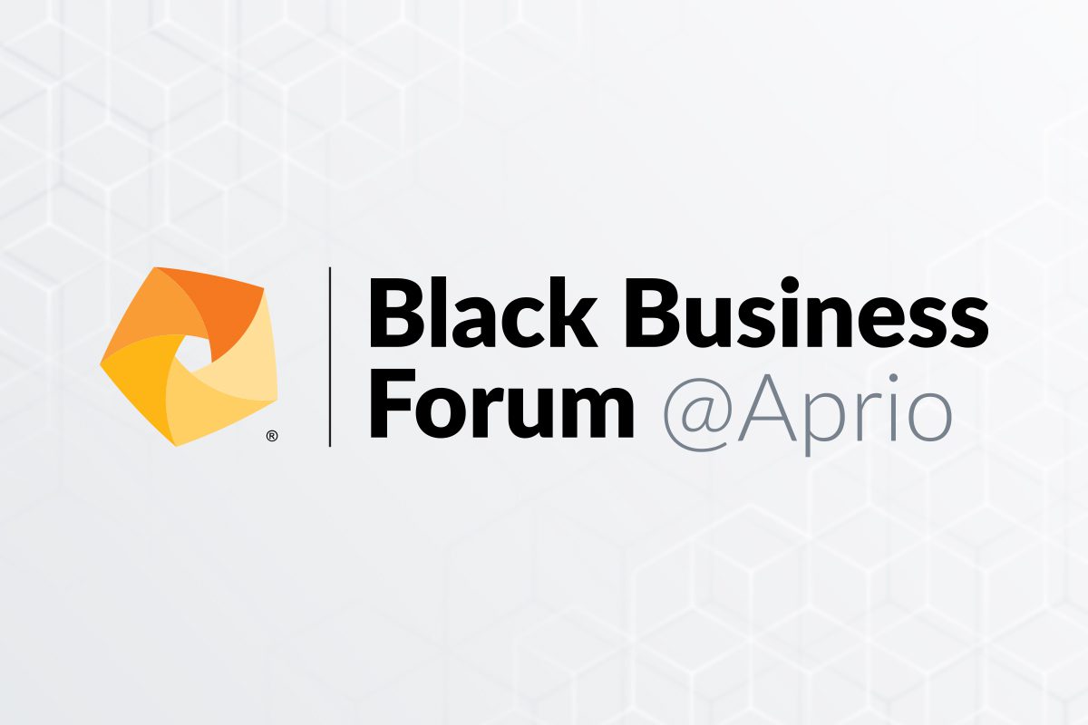 Black Business Forum at Aprio logo with geometric yellow and orange shape on a white background with subtle hexagonal pattern.