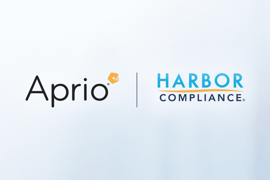 Logos for Aprio and Harbor Compliance side by side on a light background, separated by a vertical line.