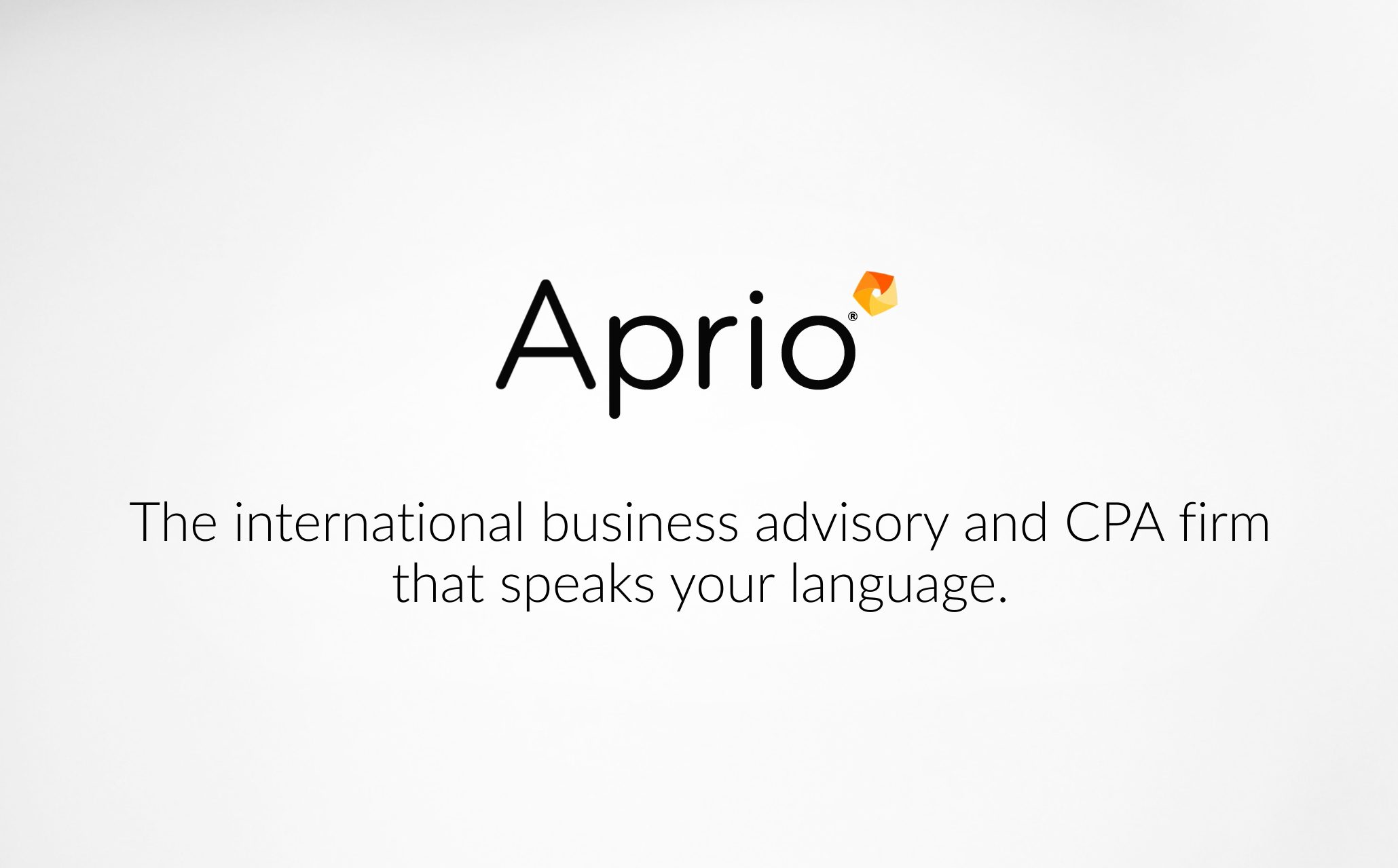 Aprio logo with tagline: The international business advisory and CPA firm that speaks your language, on a plain white background.