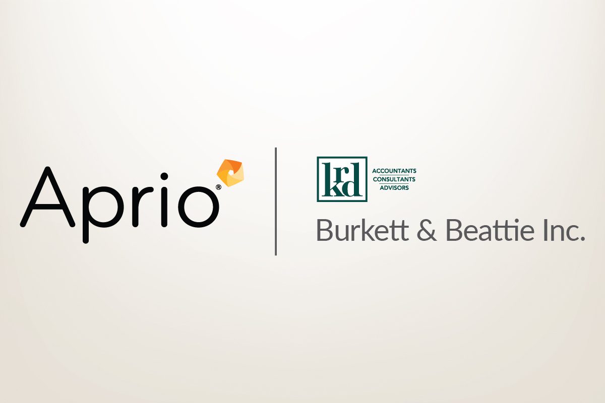 Logos for Aprio and Burkett & Beattie Inc. are shown side by side on a light background, separated by a vertical line.