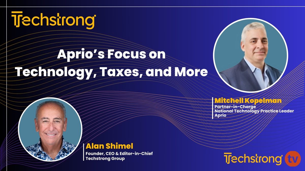 A promotional graphic for Techstrong TV featuring Alan Shimel and Mitchell Kopelman discussing Aprios focus on technology, taxes, and more, with their photos and titles displayed.