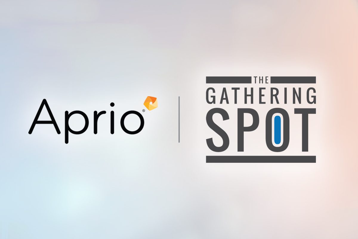 Logos of Aprio and The Gathering Spot appear side by side on a light gradient background, separated by a vertical line.
